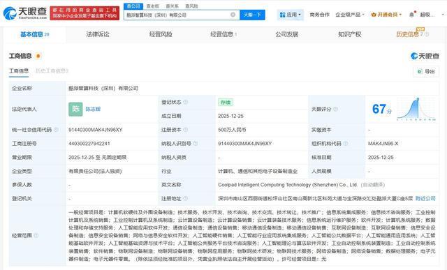 酷派深圳布局智算科技 500萬注冊資本助力人工智能算法軟件開發